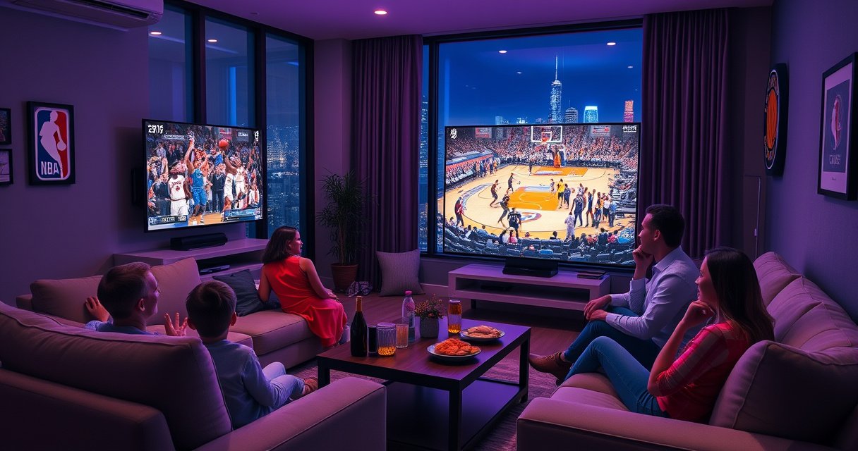 A cozy living room with a sleek smart TV displaying an exciting NBA game, vibrant team colors illuminating the space. Plush couches surround a coffee table with snacks and drinks. A family gathered, cheering joyfully, basketball memorabilia adorning the walls, and a dynamic city skyline visible through a large window, enhancing the lively atmosphere.