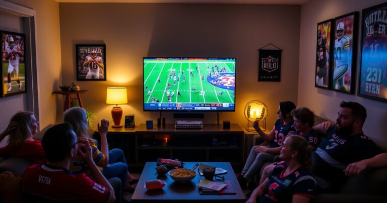 A cozy living room with a vibrant Vizio Smart TV displaying an NFL game, surrounded by excited fans wearing team jerseys, snacks on a coffee table, dim lighting creating a warm atmosphere, a football-shaped lamp illuminating the space, and posters of legendary players adorning the walls, capturing the thrill of game day.
