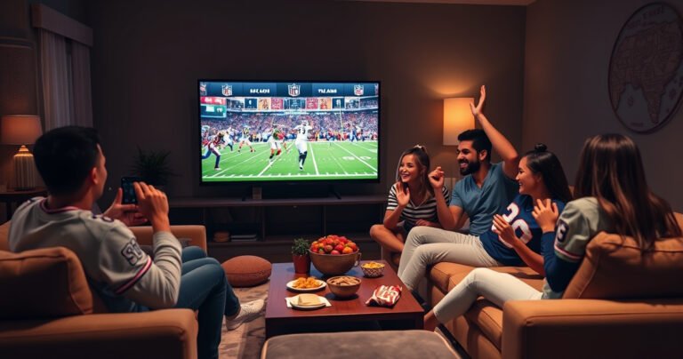 A cozy living room with a large smart TV displaying an exciting NFL game, surrounded by plush sofas and a coffee table filled with snacks. Dim ambient lighting and football-themed decorations create a warm atmosphere. A family of diverse individuals, dressed in team jerseys, cheers joyfully, capturing the excitement and camaraderie of game day.