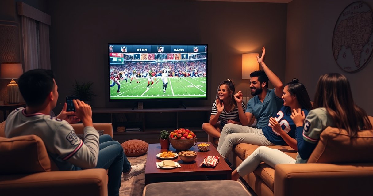 A cozy living room with a large smart TV displaying an exciting NFL game, surrounded by plush sofas and a coffee table filled with snacks. Dim ambient lighting and football-themed decorations create a warm atmosphere. A family of diverse individuals, dressed in team jerseys, cheers joyfully, capturing the excitement and camaraderie of game day.
