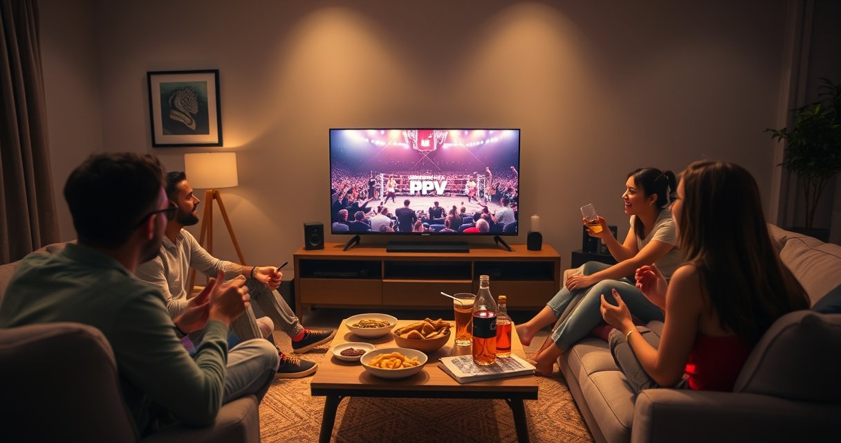 A cozy living room featuring a modern smart TV displaying a vibrant PPV event, surrounded by snacks and drinks on a coffee table. Soft lighting casts a warm glow, while family and friends excitedly gather on a plush sofa, immersed in the action on screen, creating an inviting atmosphere for an engaging viewing experience.
