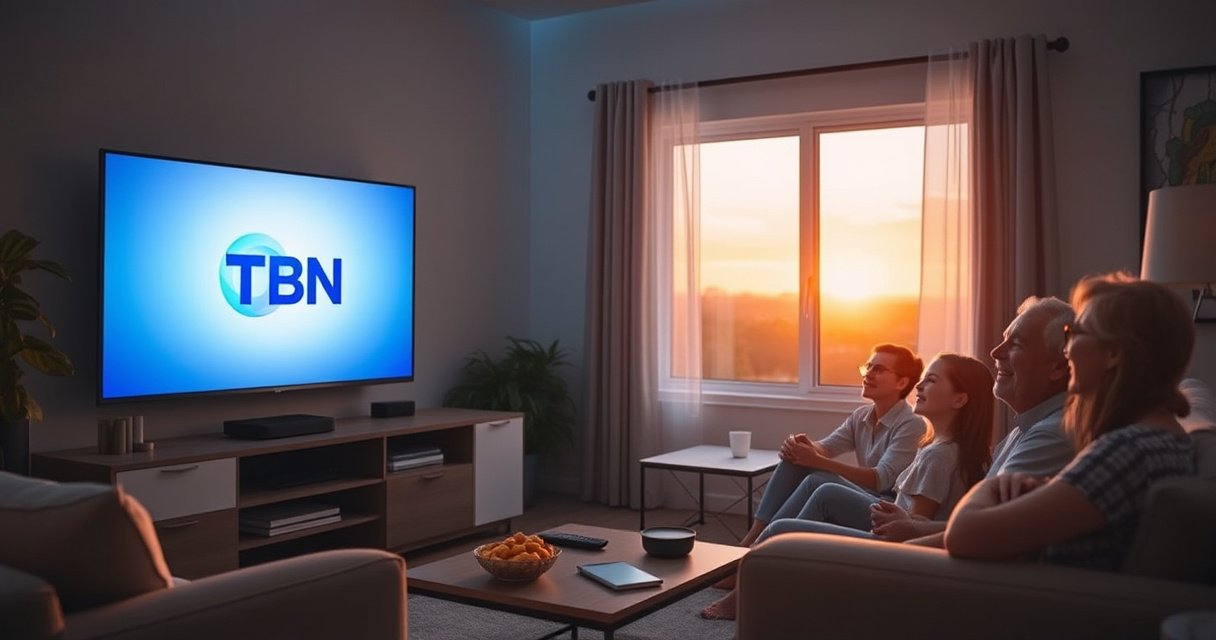 A cozy living room featuring a sleek smart TV displaying the TBN logo, surrounded by a family happily gathered on a comfortable sofa. Soft ambient lighting highlights the modern decor, while a coffee table holds snacks and a remote. A window reveals a sunset, creating a warm, inviting atmosphere perfect for family viewing.