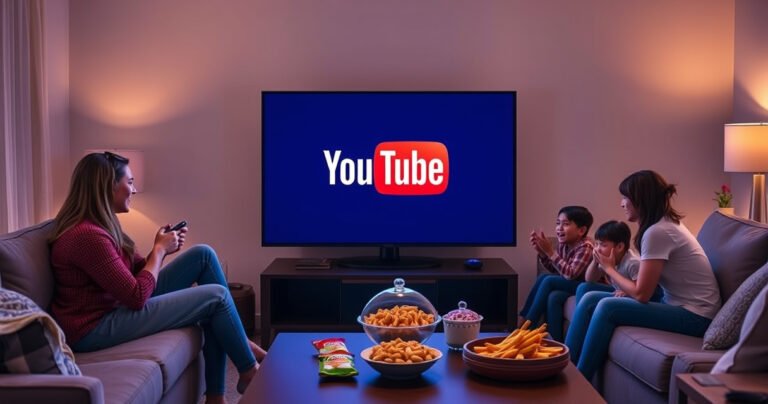 A cozy living room featuring a sleek Samsung Smart TV displaying the YouTube logo, surrounded by plush furniture, soft lighting, and a family eagerly gathered around, joyfully interacting with a remote. A vibrant assortment of snacks on a coffee table, with a warm atmosphere that invites viewers into the world of streaming entertainment.