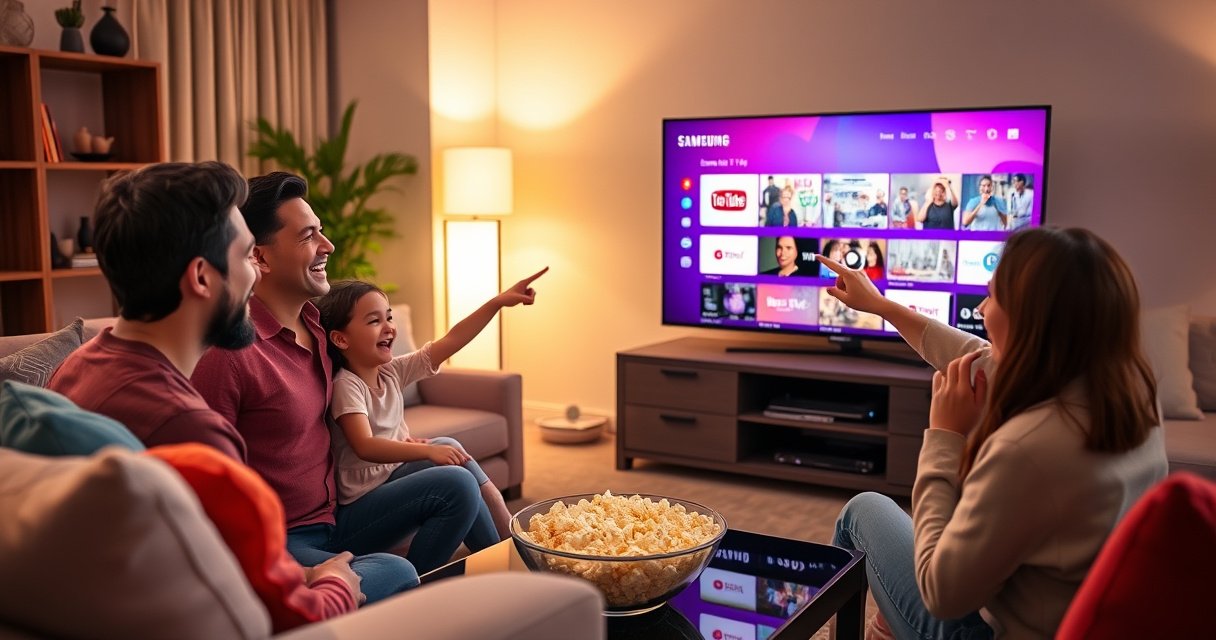 A cozy living room featuring a sleek Samsung Smart TV displaying a vibrant YouTube interface. Soft, warm lighting highlights a comfortable couch adorned with colorful pillows, while a bowl of popcorn rests on a stylish coffee table. A family gathers, laughing and pointing at the screen, embodying the joy of shared entertainment.