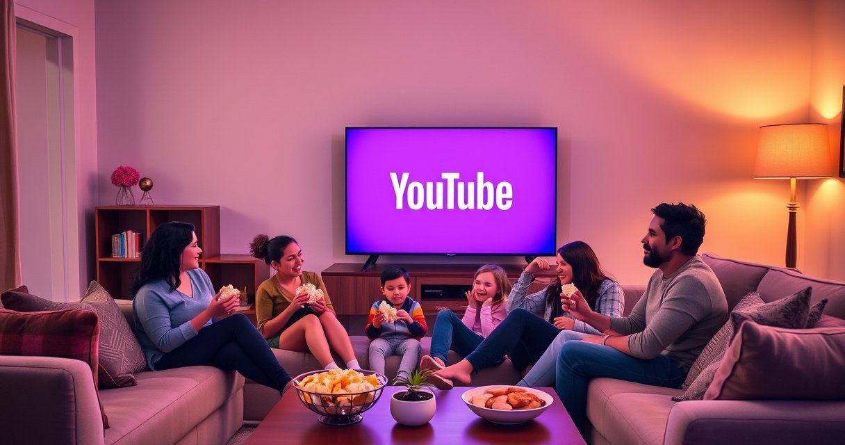 A cozy living room with a modern smart TV displaying the YouTube logo, a family gathered on a plush couch, popcorn in hand, vibrant colors illuminating their faces, warm soft lighting, a stylish coffee table with snacks, and a decorative bookshelf in the background, evoking a sense of togetherness and entertainment.