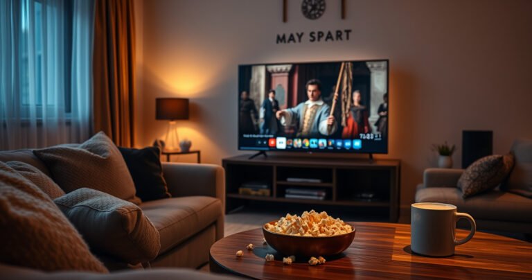 A cozy living room illuminated by soft, warm light, featuring a sleek smart TV displaying a scene from a historical drama. Plush cushions scattered on a comfortable sofa, a bowl of popcorn on a wooden coffee table, and a steaming mug of cocoa beside it, evoking an inviting atmosphere for a movie night experience.