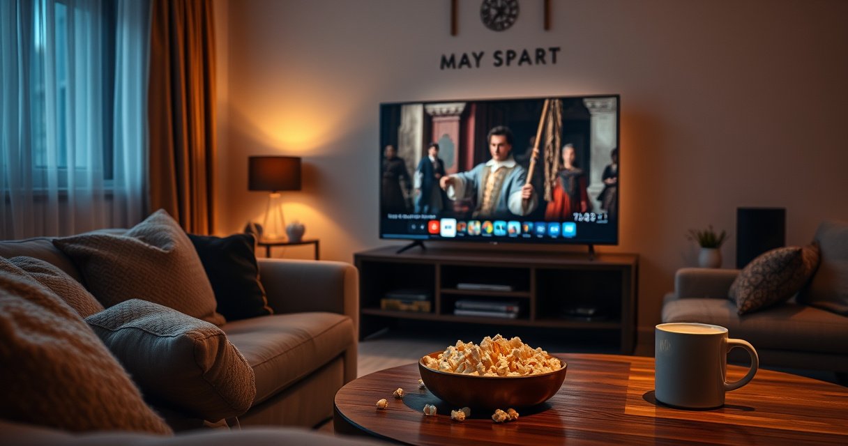 A cozy living room illuminated by soft, warm light, featuring a sleek smart TV displaying a scene from a historical drama. Plush cushions scattered on a comfortable sofa, a bowl of popcorn on a wooden coffee table, and a steaming mug of cocoa beside it, evoking an inviting atmosphere for a movie night experience.