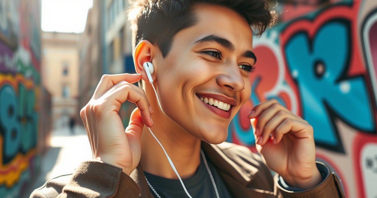A close-up of a stylish person adjusting white Apple earbuds in a vibrant urban setting, surrounded by colorful street art. The individual, wearing trendy attire, smiles confidently while demonstrating the earbuds' fit. Bright sunlight illuminates the scene, highlighting the earbuds and the modern city life.
