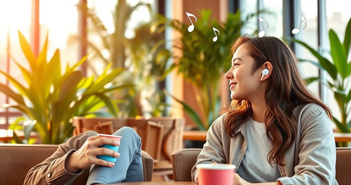 A stylish young adult sitting in a vibrant café, effortlessly wearing sleek Samsung earbuds. They’re engaged in conversation, surrounded by colorful coffee cups and lush greenery. The warm sunlight filters through large windows, highlighting their casual yet trendy outfit, with a hint of music notes floating in the air, symbolizing connectivity and style.