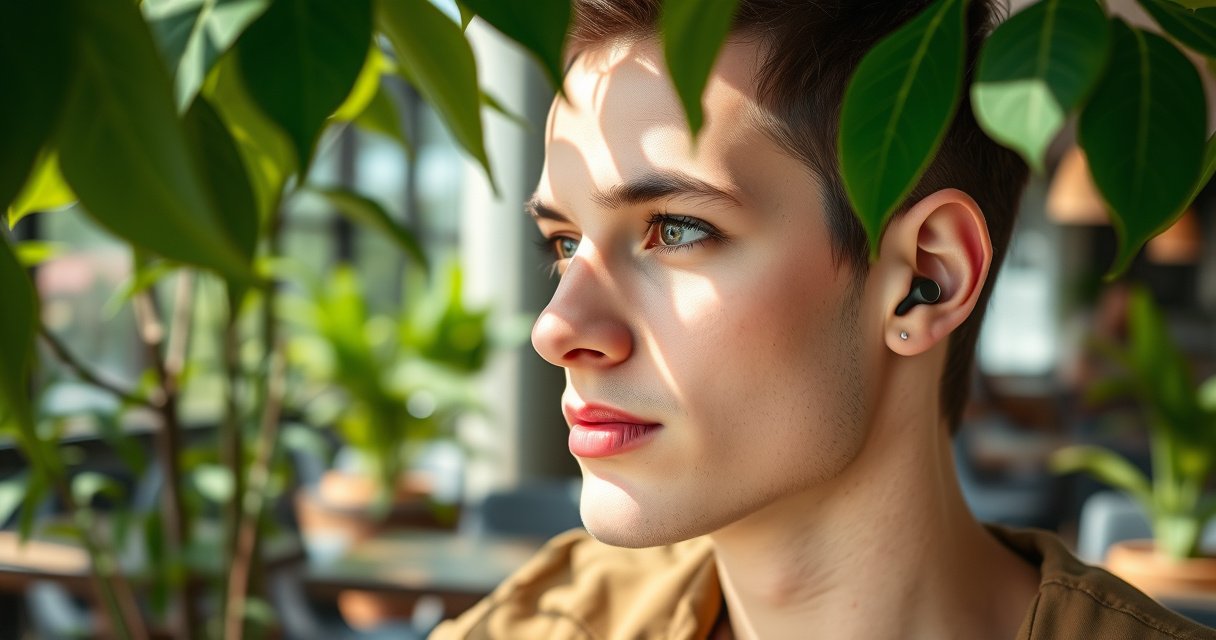 A close-up of a stylish person wearing sleek wireless earbuds, seated in a modern café, surrounded by vibrant greenery. The focus is on their confident expression and the seamless integration of the earbuds in their daily life. Sunlight filters through leaves, casting gentle shadows, highlighting the earbuds' design and emphasizing comfort and modern lifestyle.