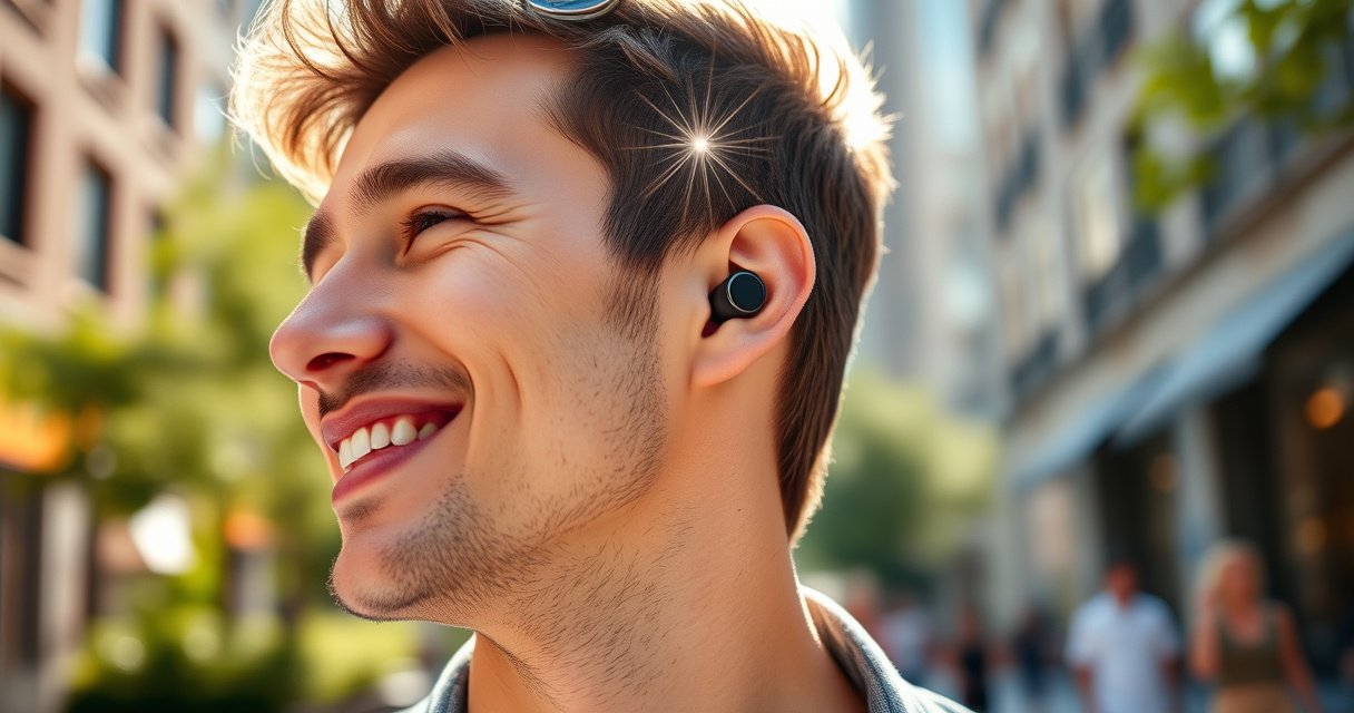 A close-up of a stylish individual effortlessly wearing sleek wireless earbuds, showcasing a variety of earbud styles and colors. The background fades into a soft blur of vibrant city life, with hints of greenery. Sunlight sparkles on the earbuds, emphasizing comfort and modernity, while the person smiles, radiating confidence and enjoyment in music.