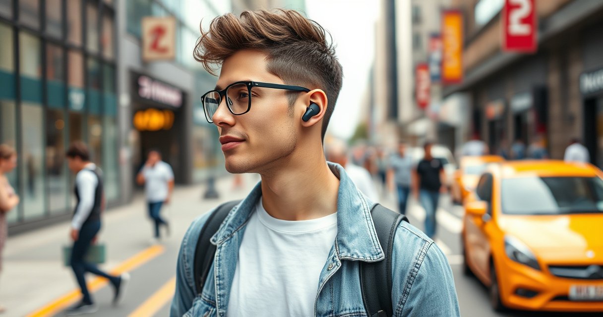 A stylish person in a modern urban setting, confidently wearing a sleek Bluetooth earbud. They are casually dressed, with vibrant city life in the background. Emphasize the earbud's design, showcasing its seamless fit and functionality. Bright colors and dynamic street elements bring a sense of energy and innovation to the scene.
