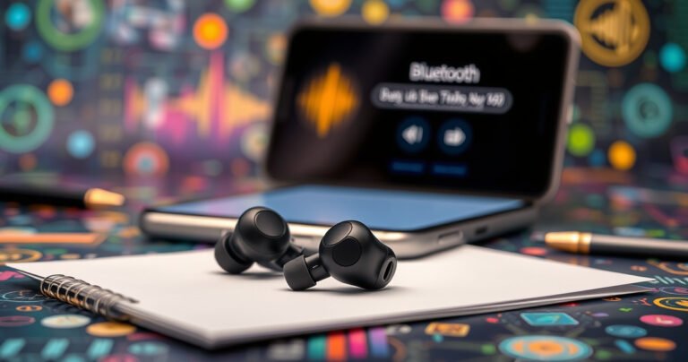 A close-up of sleek, modern Bluetooth earbuds resting on a vibrant, tech-themed background with digital icons of connectivity and sound waves. Soft ambient lighting highlights the earbuds, while scattered notes and a smartphone with a pairing screen are in the background, illustrating the ease of setup and user-friendly technology.
