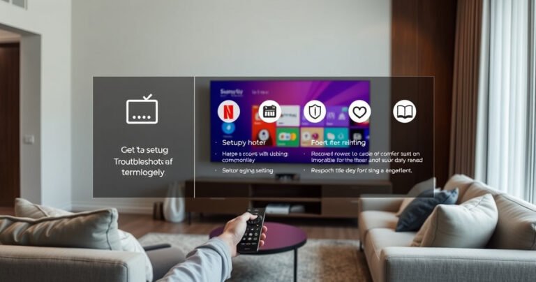 A sleek modern living room featuring a large smart TV displaying a colorful home screen, surrounded by cozy furniture. A user is interacting with the TV remote, while a digital interface with setup icons and troubleshooting tips is subtly overlaid. Soft lighting creates a warm atmosphere, inviting viewers to engage with technology effortlessly.