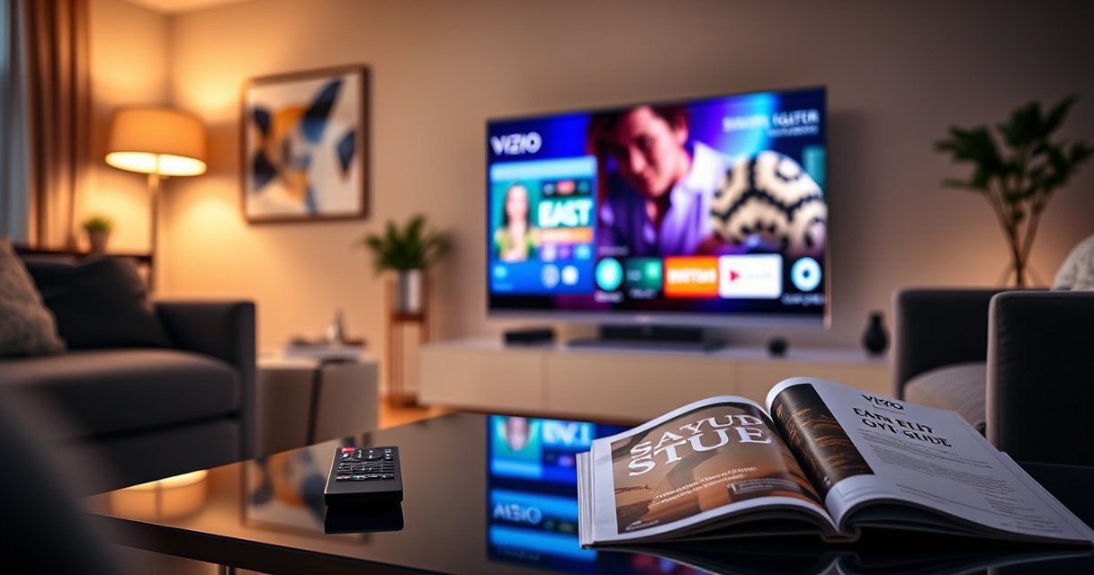 A sleek Vizio Smart TV glowing in a modern living room, with a user effortlessly navigating its vibrant interface. Surrounding the TV, cozy furniture and warm lighting create an inviting atmosphere. A remote control rests on a stylish coffee table, while a digital setup guide peeks out from a nearby magazine, hinting at an easy, tech-savvy experience.