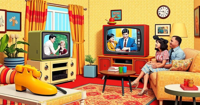 A retro living room adorned with classic 1960s decor, featuring a vintage television set playing a scene from "Get Smart." A cheerful family gathers around, laughing, as a cartoonish, oversized shoe phone sits on a side table. Bright colors, playful patterns, and nostalgic elements evoke a sense of warmth and humor, inviting viewers into the show's charm.