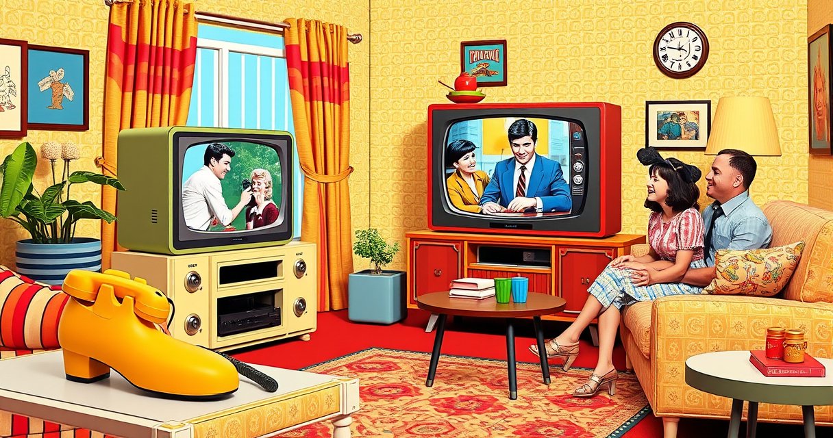 A retro living room adorned with classic 1960s decor, featuring a vintage television set playing a scene from "Get Smart." A cheerful family gathers around, laughing, as a cartoonish, oversized shoe phone sits on a side table. Bright colors, playful patterns, and nostalgic elements evoke a sense of warmth and humor, inviting viewers into the show's charm.