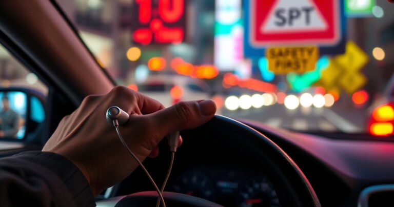 A close-up of a person's hand gripping a steering wheel, vibrant city lights reflecting in the windows, with one earbud prominently visible. In the background, a blurred street sign reads "Safety First," while subtle shadows of caution signs loom, illustrating a sense of urgency and the intersection of modern technology with road safety.