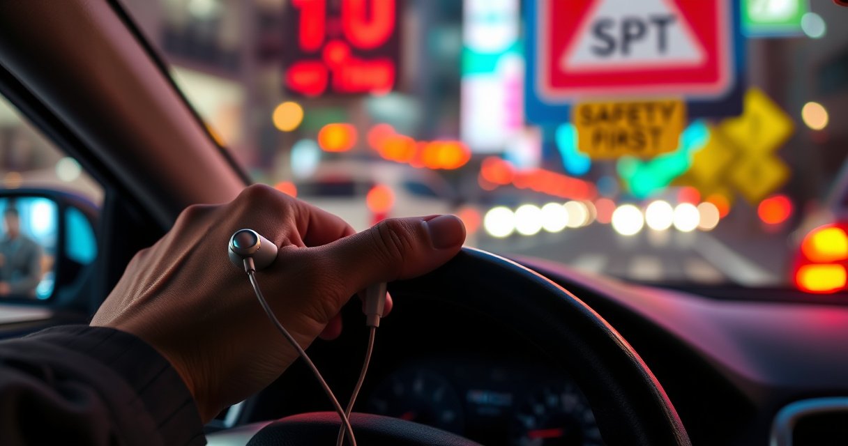A close-up of a person's hand gripping a steering wheel, vibrant city lights reflecting in the windows, with one earbud prominently visible. In the background, a blurred street sign reads "Safety First," while subtle shadows of caution signs loom, illustrating a sense of urgency and the intersection of modern technology with road safety.