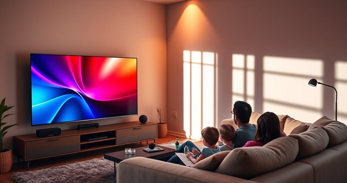 A modern living room featuring a sleek LG UHD Smart TV displaying vibrant colors, surrounded by stylish furniture. Warm ambient lighting creates an inviting atmosphere, while a family enjoys a movie night on a plush sofa. Soft shadows play on the walls, emphasizing the TV's crystal-clear picture quality and the cozy, tech-savvy environment.