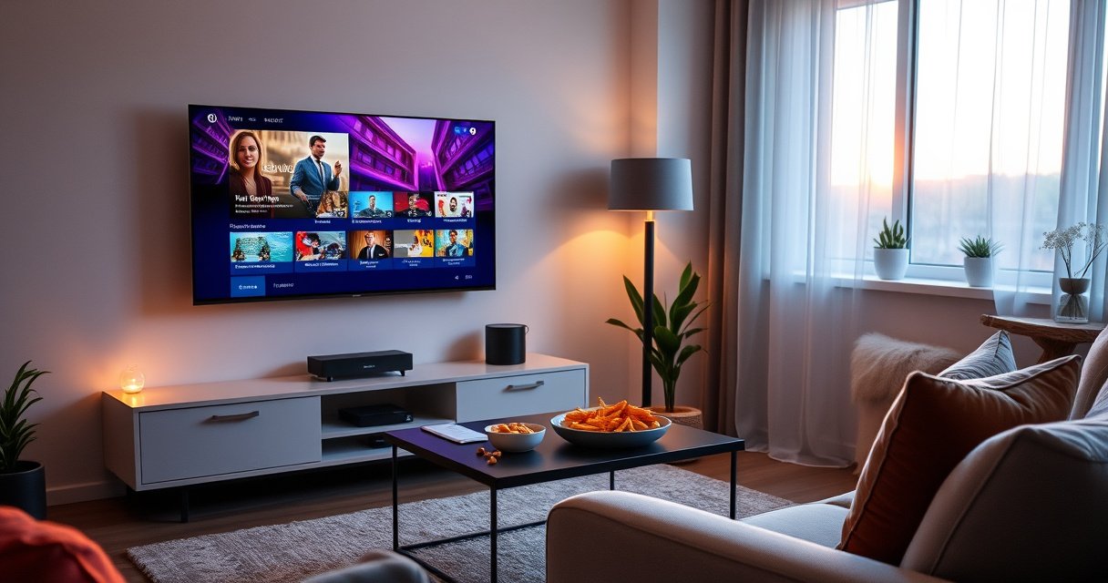 A cozy living room featuring a sleek 26-inch smart TV displaying vibrant streaming content, surrounded by modern decor. Soft ambient lighting highlights a plush sofa and a stylish coffee table with snacks, while a window shows a sunset glow, creating an inviting atmosphere perfect for a night of entertainment.