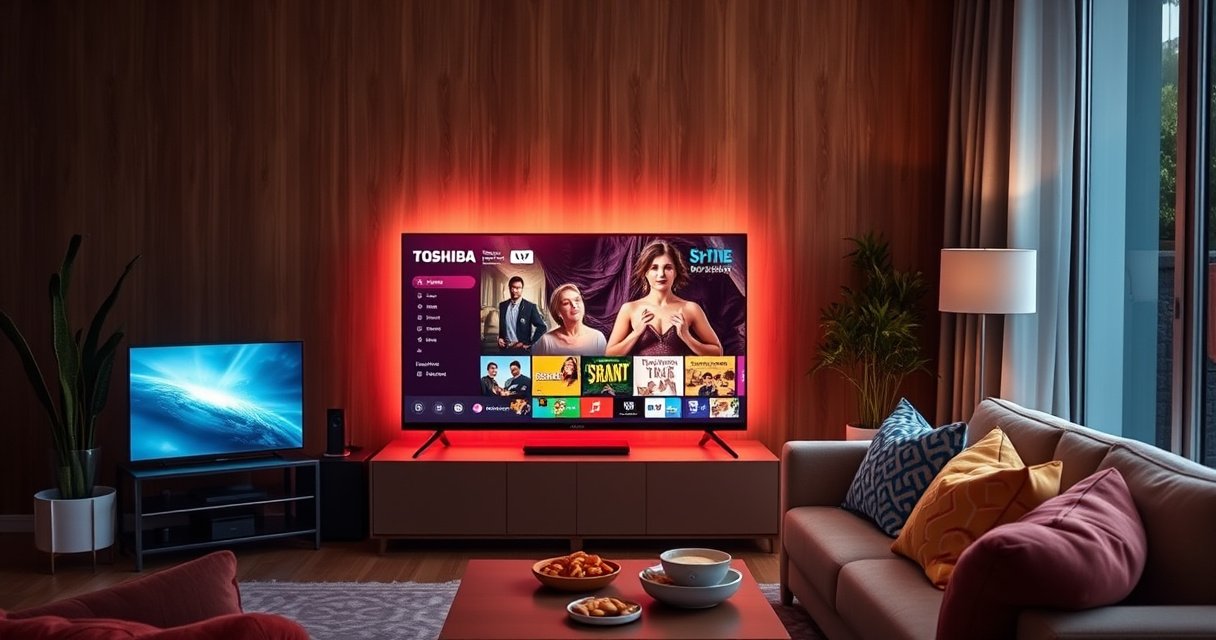 A sleek Toshiba Smart TV glowing in a cozy living room, displaying vibrant streaming content. Surrounding it are smart home devices, a comfy sofa with colorful cushions, and a coffee table with snacks. Soft ambient lighting creates a welcoming atmosphere, emphasizing modern technology blending seamlessly with home comfort.