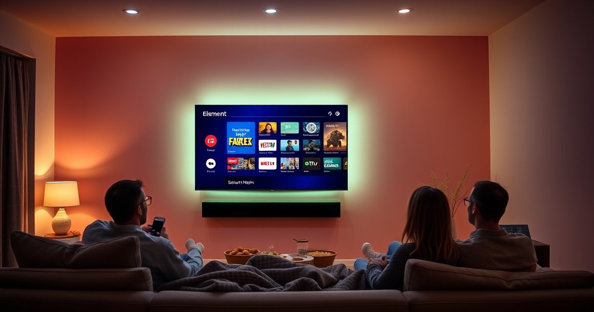 A sleek, modern living room featuring an Element TV mounted on a vibrant, stylish wall. Soft ambient lighting casts a warm glow, while a family enjoys a movie night, surrounded by cozy blankets and snacks. A digital interface displays colorful app icons, emphasizing the smart features of the TV, inviting viewers into the experience.