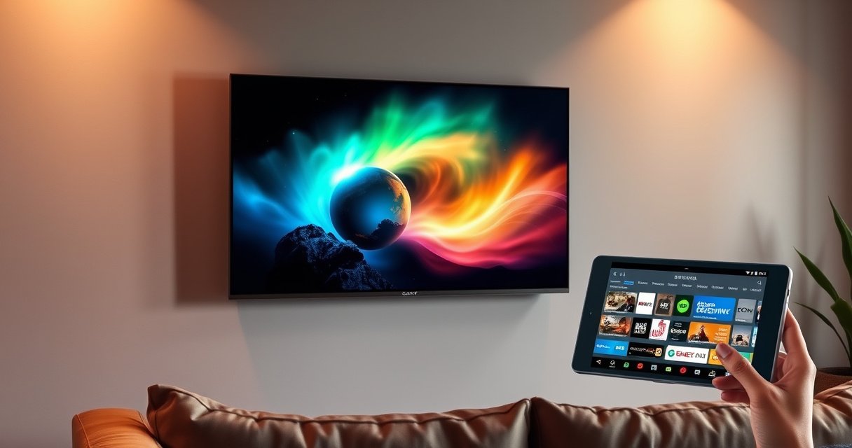 A sleek Sony Bravia TV mounted on a modern living room wall, glowing with vibrant colors from a stunning nature documentary. Soft ambient lighting casts a warm hue, while a cozy sofa with plush cushions invites relaxation. Nearby, a tablet displays the TV's smart features, showcasing an array of streaming apps and intuitive interface.