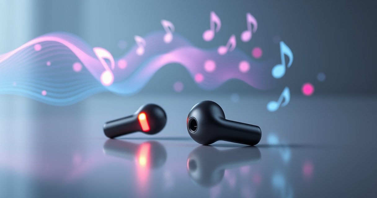 A close-up view of sleek, modern true wireless earbuds resting on a smooth, reflective surface, surrounded by vibrant sound waves and digital music notes, with a soft glow illuminating their contours, symbolizing freedom and convenience in listening, set against a minimalist background that emphasizes their innovative design and technology.