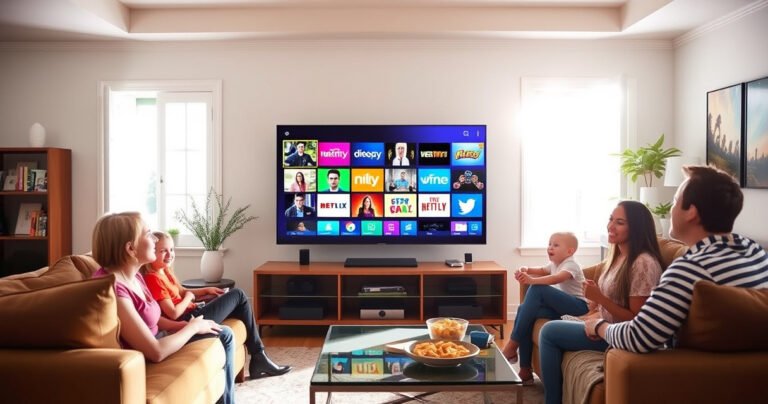 A vibrant living room featuring a sleek, modern television displaying a colorful array of channels, with family members joyfully watching together. Surrounding them are cozy furniture, snacks on a table, and bright sunlight streaming through the windows, creating an inviting atmosphere that showcases the excitement of diverse entertainment options available with Clear TV.