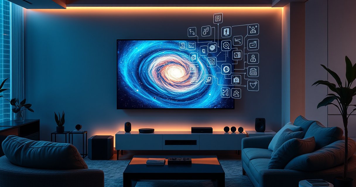 A futuristic living room with a sleek Samsung TV displaying a swirling galaxy on its screen, surrounded by a cozy sofa and smart devices. Dim ambient lighting casts a warm glow, while a digital interface hovers in the air, showcasing various app icons. The atmosphere is filled with a sense of curiosity and technological wonder.