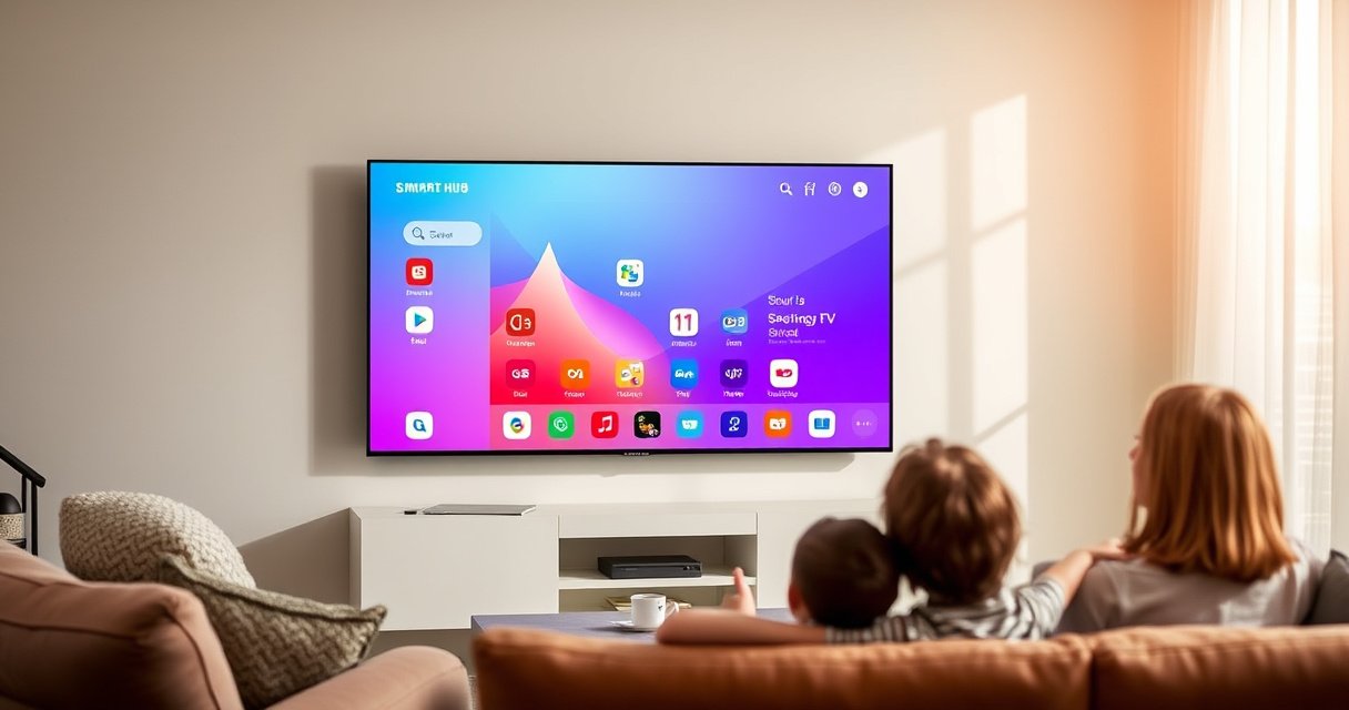 A sleek Samsung TV displaying a vibrant Smart Hub interface filled with colorful app icons, set in a modern living room with cozy furniture, soft ambient lighting, and a family gathered around, engaged in entertainment and smart home control, showcasing technology seamlessly blending into daily life, reflecting innovation and connectivity.