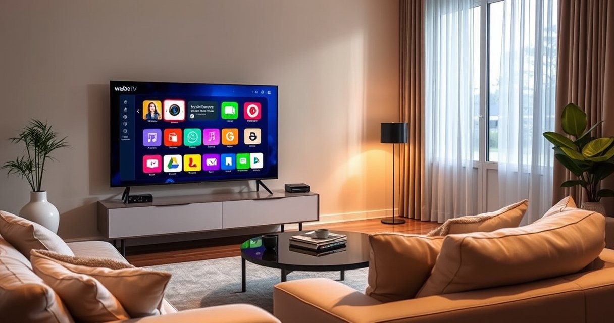 A sleek, modern living room showcasing a vibrant smart webOS TV on a minimalist stand, displaying an interactive interface filled with colorful app icons. Soft ambient lighting highlights plush furniture, while a cozy atmosphere invites viewers to explore the seamless integration of technology in daily life, emphasizing user-friendly features and smart functionality.