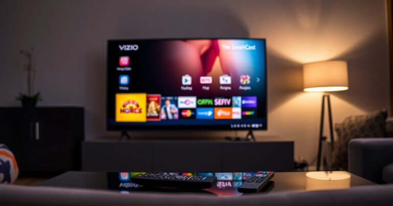 A sleek Vizio TV displaying the SmartCast interface, vibrant app icons glowing against a dark living room backdrop. In the foreground, a cozy couch with colorful throw pillows, a warm ambient light illuminating the scene, and a remote control resting casually on a stylish coffee table, embodying the essence of modern home entertainment.