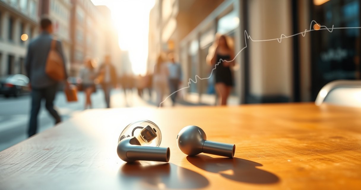 A sleek pair of modern earbuds resting on a wooden table, their translucent design revealing intricate internal components, surrounded by soft, ambient light. In the background, a blurred city scene with people walking, emphasizing the balance of music and real-world sounds, while a delicate overlay of sound waves visually connects the earbuds to the vibrant urban life.