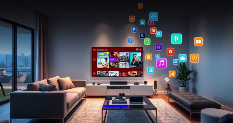 A sleek, modern living room showcasing a large Vidaa Smart TV displaying vibrant streaming content. The room is stylishly furnished with a cozy sofa, soft lighting, and a coffee table adorned with gadgets. Colorful digital icons representing apps and features float around the TV, highlighting its smart capabilities and user-friendly interface in a contemporary home setting.