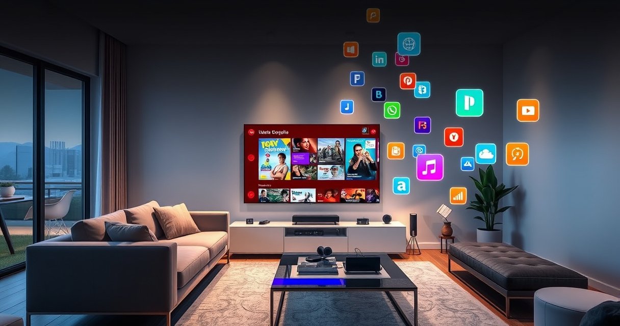 A sleek, modern living room showcasing a large Vidaa Smart TV displaying vibrant streaming content. The room is stylishly furnished with a cozy sofa, soft lighting, and a coffee table adorned with gadgets. Colorful digital icons representing apps and features float around the TV, highlighting its smart capabilities and user-friendly interface in a contemporary home setting.