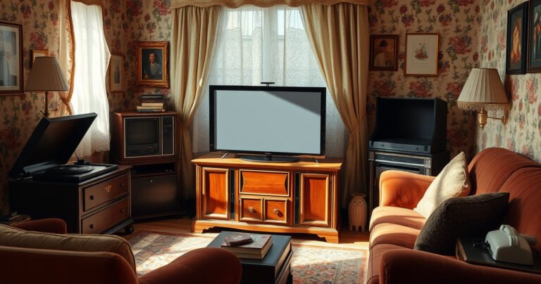 A vintage living room scene featuring a classic wooden console television, blank screen, surrounded by retro decor like patterned wallpaper, a plush velvet sofa, and an old record player. Sunlight streams through lace curtains, casting soft shadows, while nostalgic items like books and a rotary phone complete the cozy, timeless atmosphere of a non-smart TV setting.