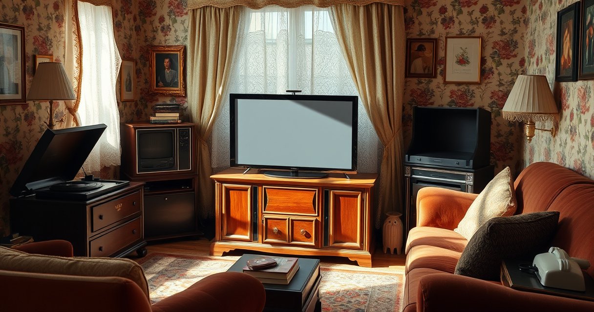 A vintage living room scene featuring a classic wooden console television, blank screen, surrounded by retro decor like patterned wallpaper, a plush velvet sofa, and an old record player. Sunlight streams through lace curtains, casting soft shadows, while nostalgic items like books and a rotary phone complete the cozy, timeless atmosphere of a non-smart TV setting.