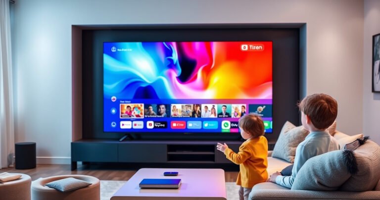 A sleek, modern living room featuring a large Tizen Smart TV displaying vibrant, colorful streaming content. The room is bathed in soft ambient lighting, with a cozy sofa adorned with fluffy cushions, a stylish coffee table, and subtle tech gadgets. A curious child interacts with the TV's smart interface, showcasing its intuitive features and user-friendly design.