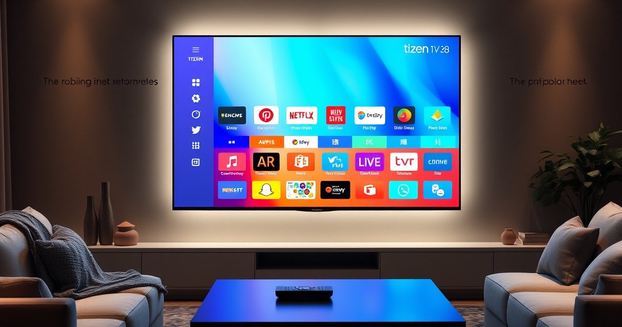 A sleek, modern Tizen Smart TV on a stylish living room wall, displaying a vibrant interface filled with colorful app icons. Soft ambient lighting highlights the TV's ultra-thin design, while a comfortable sofa and a cozy throw blanket create an inviting atmosphere. A coffee table holds a remote, emphasizing user-friendly control and entertainment.