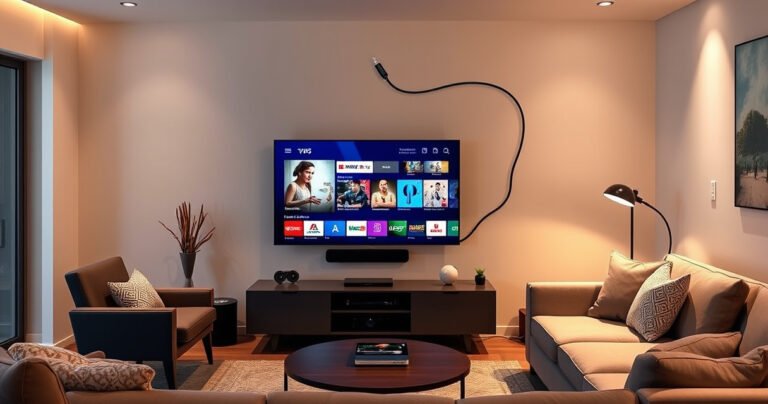 A sleek modern living room featuring a smart TV displaying vibrant streaming content, with an intricately designed RF cable elegantly routing from the wall to the TV. Soft ambient lighting casts a warm glow on stylish furniture, while tech gadgets subtly accentuate the space, creating a harmonious blend of technology and comfort.