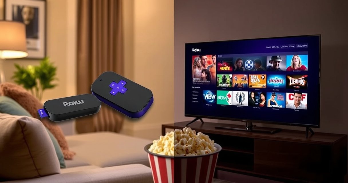 A split-screen image showcasing a sleek Roku device on one side, glowing with vibrant streaming icons, and a modern Smart TV on the other, displaying a colorful app interface. In the background, a cozy living room setting with a plush sofa, soft lighting, and a popcorn bowl, inviting viewers into the world of entertainment choices.