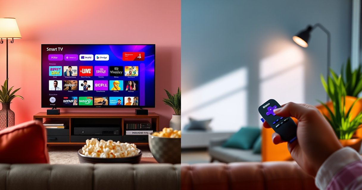A split-screen scene showcasing a vibrant living room. On one side, a sleek Smart TV displays colorful streaming apps, while the other side features a Roku device with a remote, glowing in the soft light. Cozy couches, popcorn bowls, and decorative plants enhance the inviting atmosphere, symbolizing modern entertainment choices and cozy home viewing experiences.
