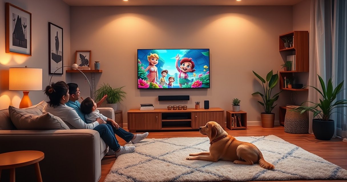 A cozy living room featuring a sleek, compact smart TV mounted on a wall, surrounded by modern furniture, warm lighting, and decorative plants. A family is happily watching a vibrant animated movie, while a playful dog lounges on a soft rug. The atmosphere exudes comfort and innovation, showcasing the perfect blend of technology and home.