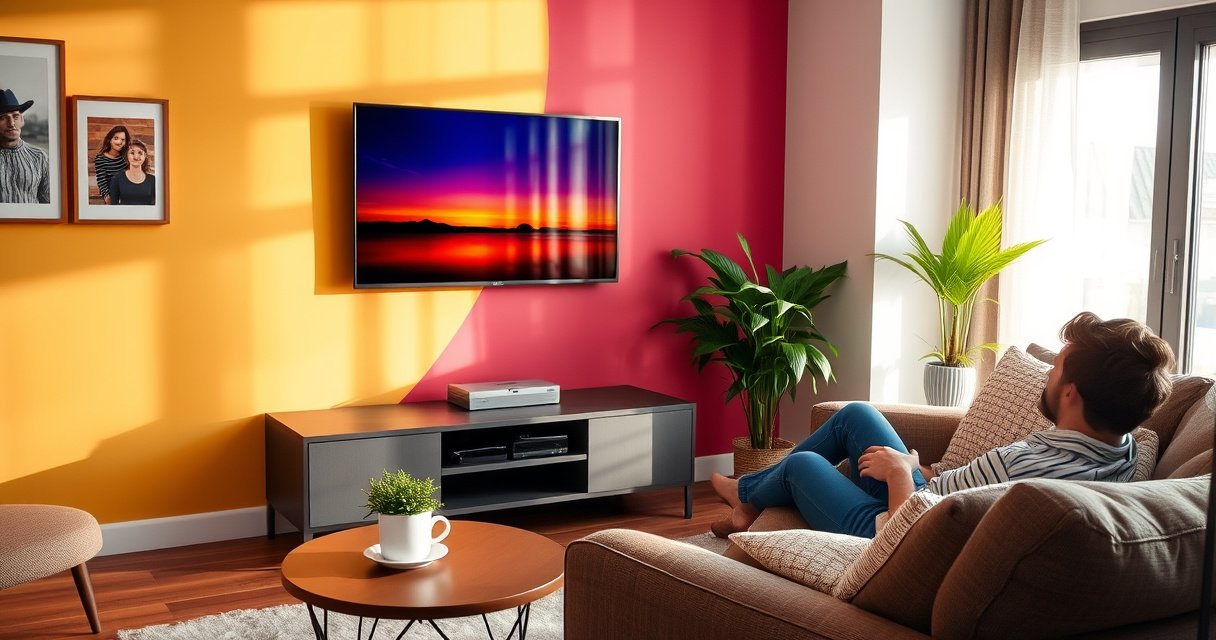 A cozy living room scene featuring a sleek, compact smart TV mounted on a colorful wall, surrounded by modern furniture. A small coffee table holds a steaming cup of coffee and a vibrant plant, while sunlight streams through a nearby window, creating a warm, inviting atmosphere. A person relaxes on the couch, engrossed in a show.