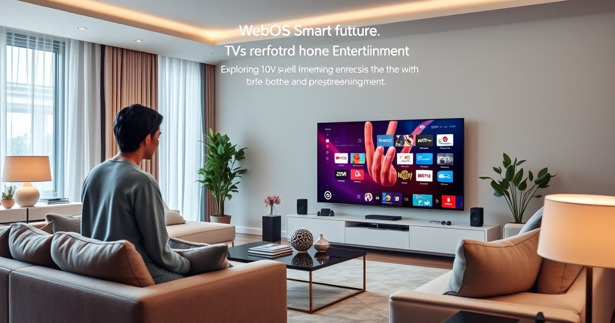 An elegant living room featuring a sleek webOS Smart TV displaying a vibrant interface, surrounded by cozy furniture and soft lighting. Showcasing a user interacting seamlessly with the TV, highlighting smart features like voice control and streaming apps. A modern aesthetic with tech gadgets and a warm ambiance, inviting viewers to explore the future of home entertainment.