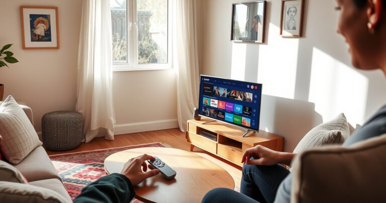 A cozy living room scene featuring a tiny smart TV on a stylish wooden stand, surrounded by plush pillows and a vibrant rug. Sunlight streams through a window, illuminating a sleek remote on a coffee table. A person is happily browsing streaming options, showcasing the perfect blend of comfort and modern technology in a compact space.