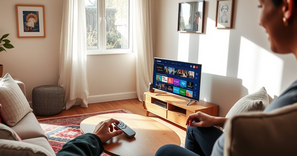 A cozy living room scene featuring a tiny smart TV on a stylish wooden stand, surrounded by plush pillows and a vibrant rug. Sunlight streams through a window, illuminating a sleek remote on a coffee table. A person is happily browsing streaming options, showcasing the perfect blend of comfort and modern technology in a compact space.
