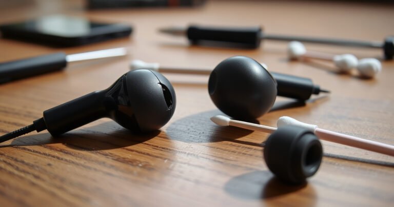 A close-up of a pair of stylish, modern earbuds resting on a wooden table, one earbud slightly tilted to reveal a tiny crack, surrounded by scattered tools like a tiny screwdriver and cotton swabs, with soft natural light illuminating the scene, conveying a sense of repair and technology troubleshooting.